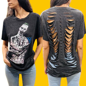 Suicide Squad Joker Distressed Cut Up T-Shirt Skeleton Back DIY Grunge Punk M